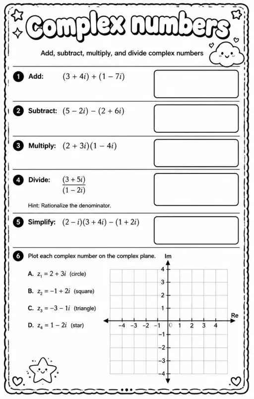 Add, subtract, multiply, and divide complex numbers