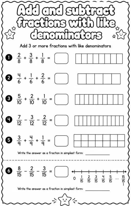 Add 3 or more fractions with like denominators
