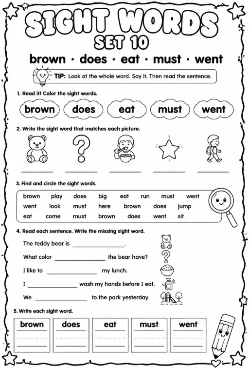 Read sight words set 10: brown, does, eat, must, went