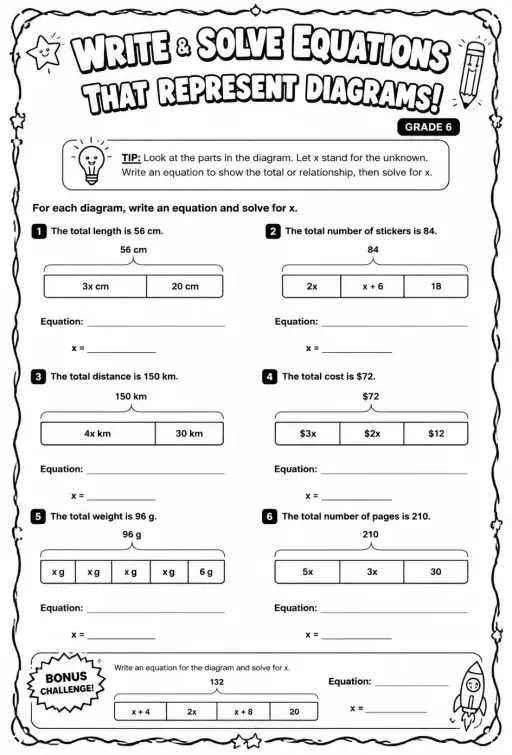 Write and solve equations that represent diagrams