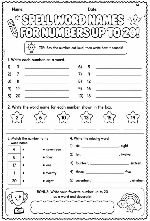 Spell word names for numbers up to 20