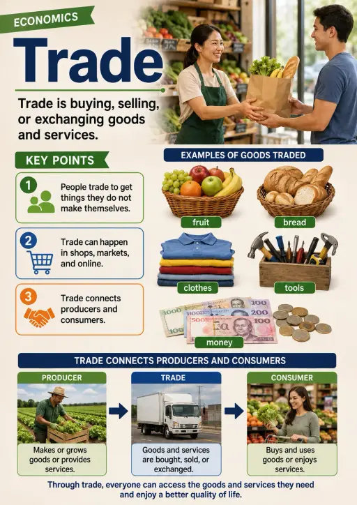 Trade Connects Producers and Consumers. Economics Infographic