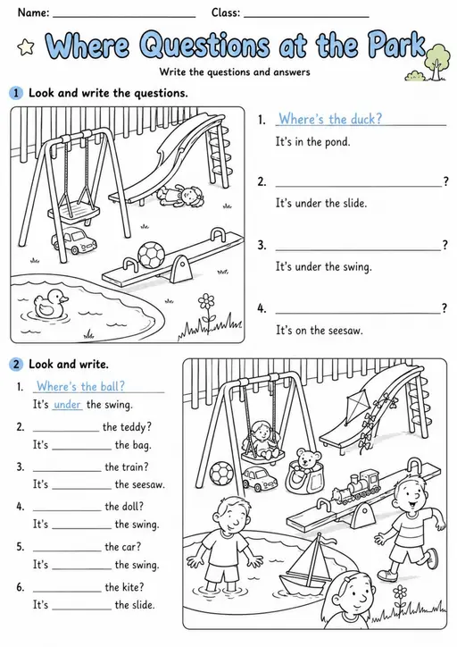 Where Questions at the Park | Grade 1 Grammar Worksheet