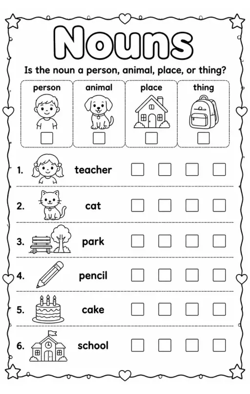 Is the noun a person, animal, place, or thing?