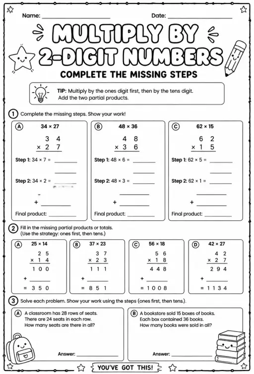Multiply by 2-digit numbers: complete the missing steps