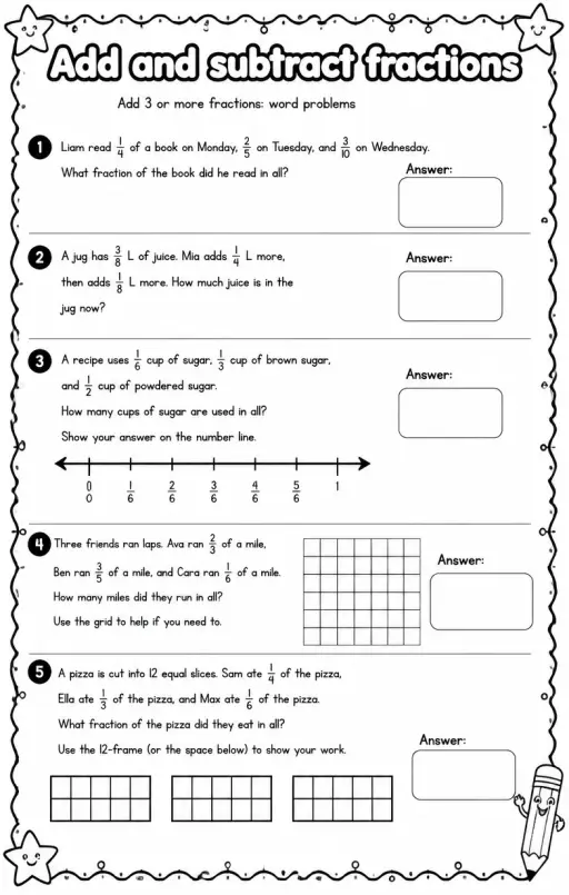 Add 3 or more fractions: word problems