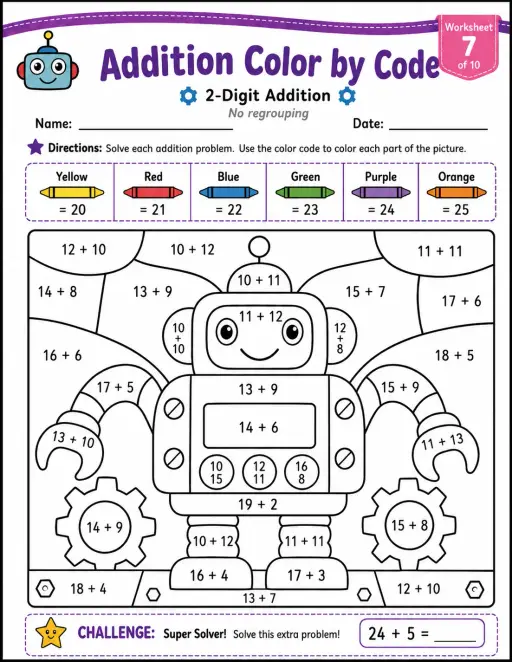 Addition Color by Code: 2-Digit Addition: Worksheet 7