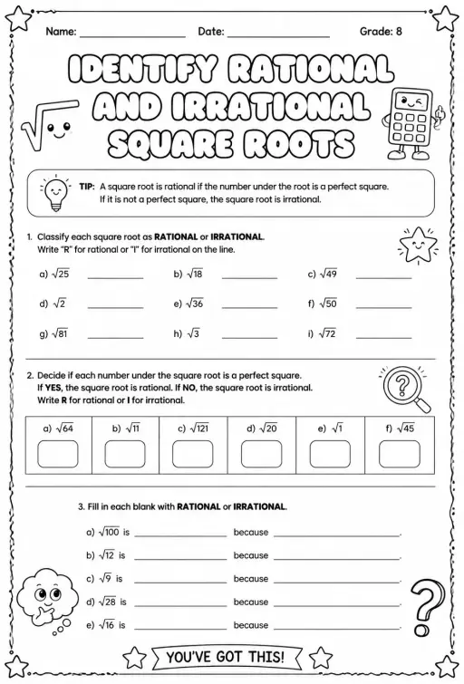 Identify rational and irrational square roots