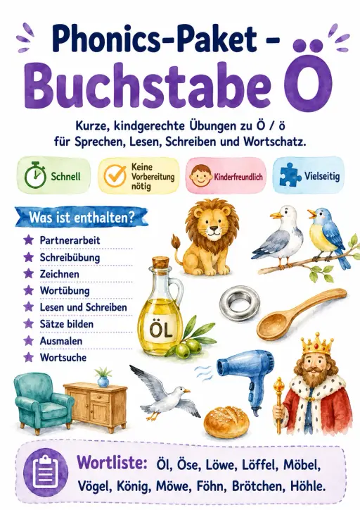 German Letter O Umlaut Phonics Worksheets Pack