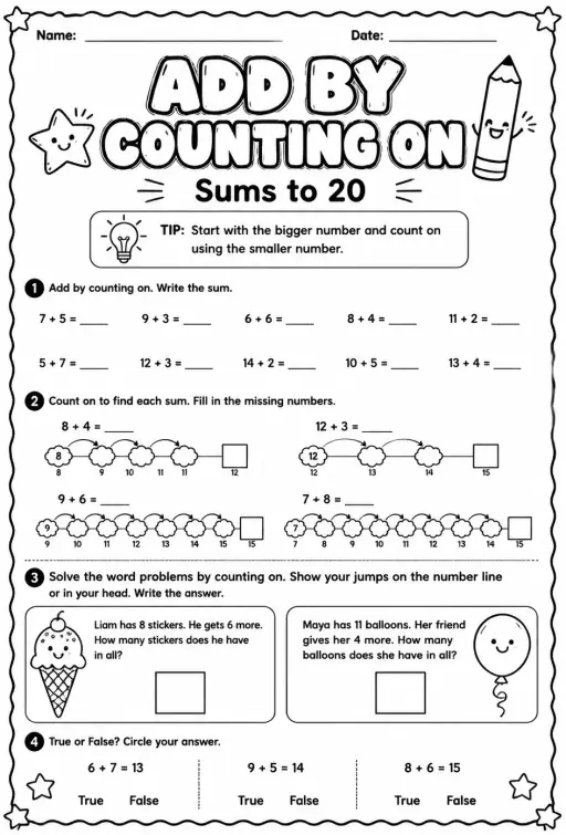 Add by counting on - sums to 20