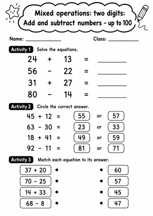 Grade 2 Mixed Operations: Two Digits Math Worksheet Pack