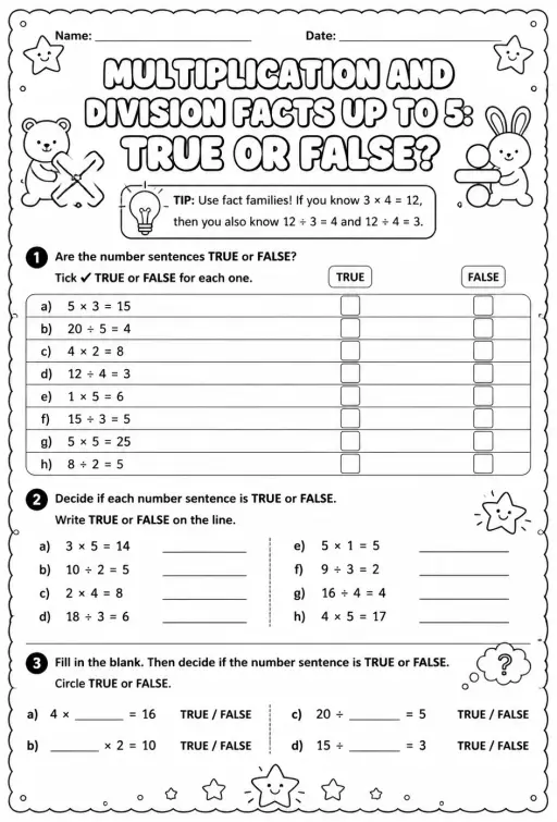 Multiplication and division facts up to 5: true or false?