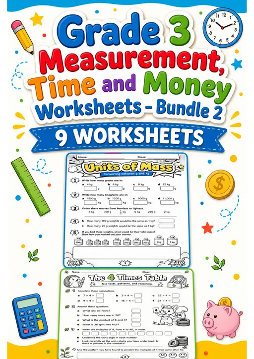 Grade 3 Measurement, Time and Money Worksheets - Pack 2