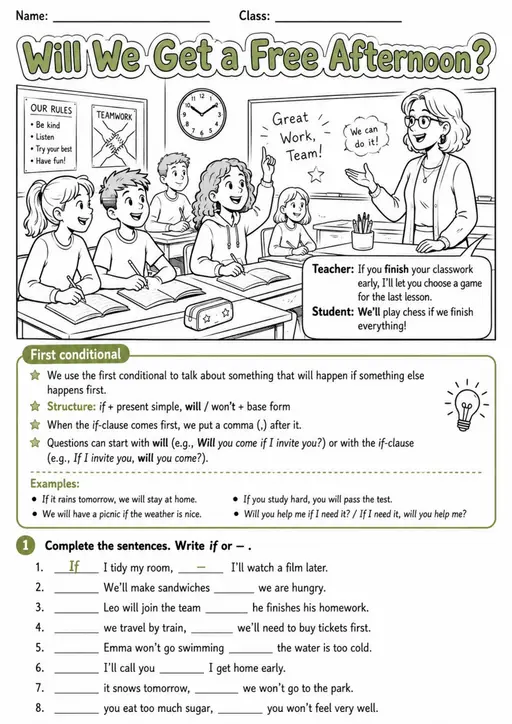 First Conditional: Will We Get A Free Afternoon? | Grades 5-6 Grammar Worksheet