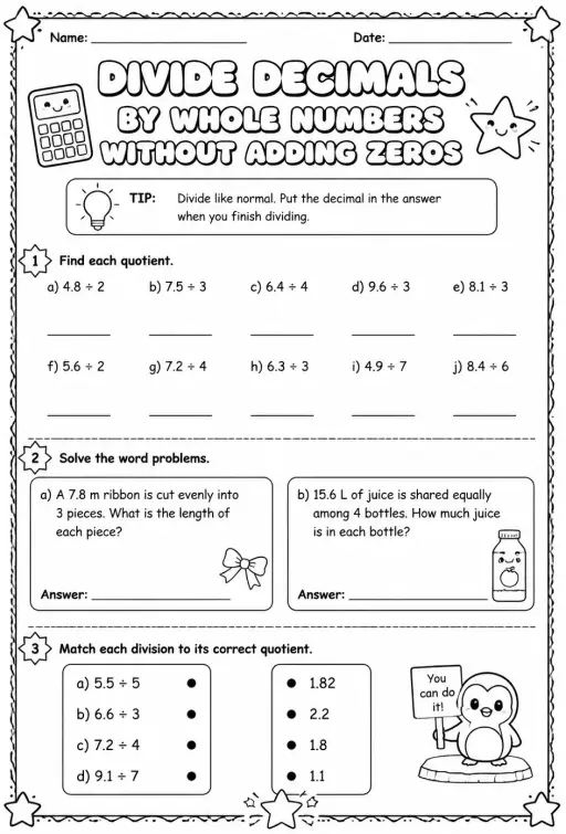 Divide decimals by whole numbers without adding zeros