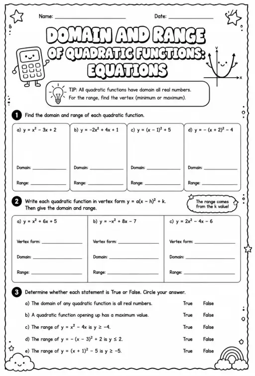 Domain and range of quadratic functions: equations