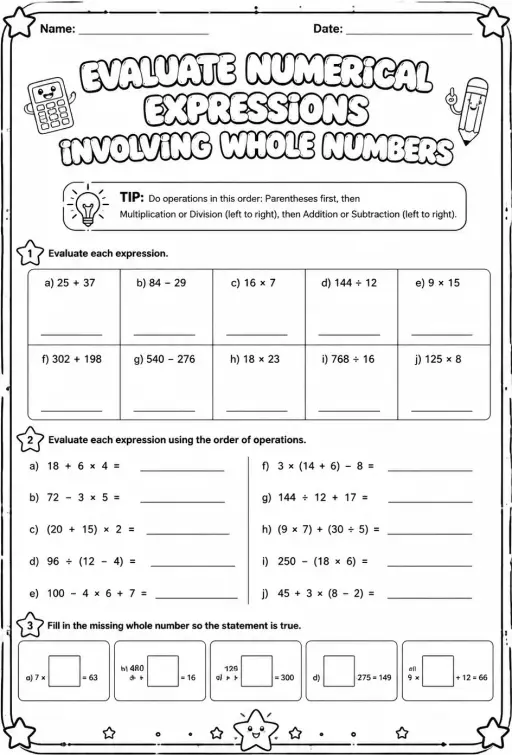 Evaluate numerical expressions involving whole numbers