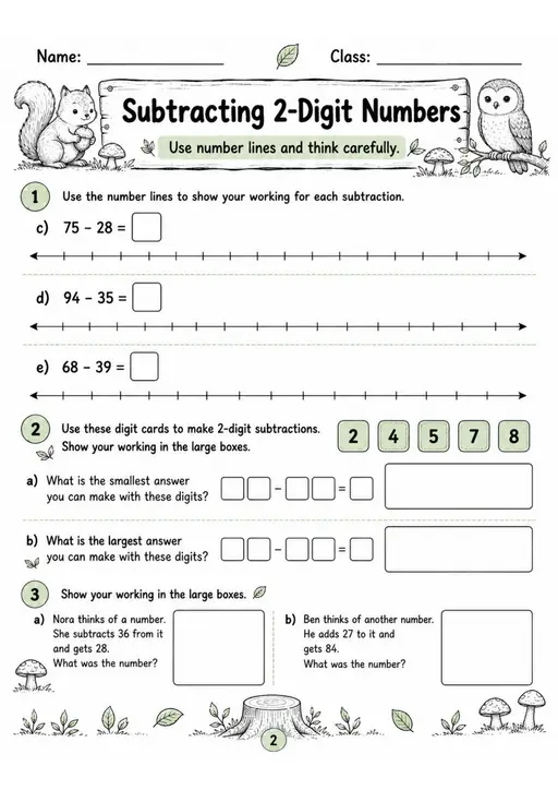 Subtracting 2-Digit Numbers - Grade 3 Math Worksheet - WKS-MAT-grade-3-XH-0081-EN