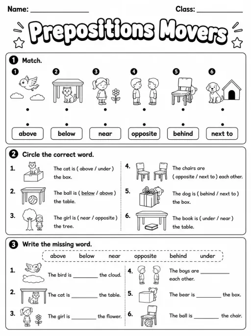 Prepositions Movers Vocabulary Worksheet Pack
