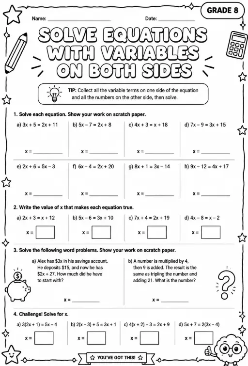 Solve equations with variables on both sides
