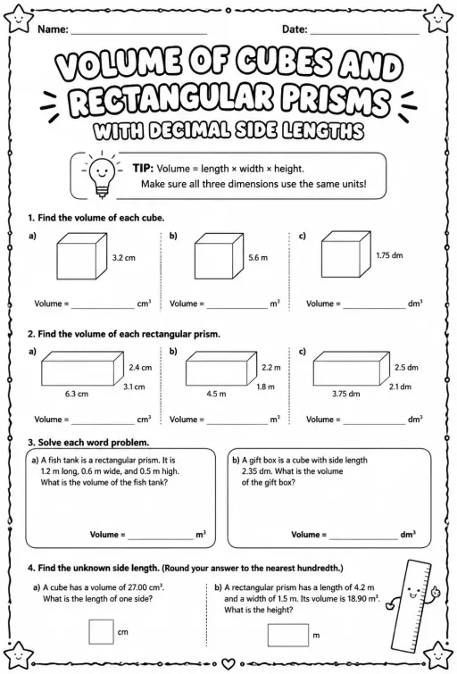 Volume of cubes and rectangular prisms with decimal side lengths