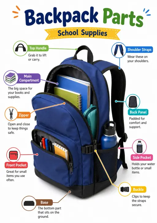 Backpack parts School Supplies Infographic