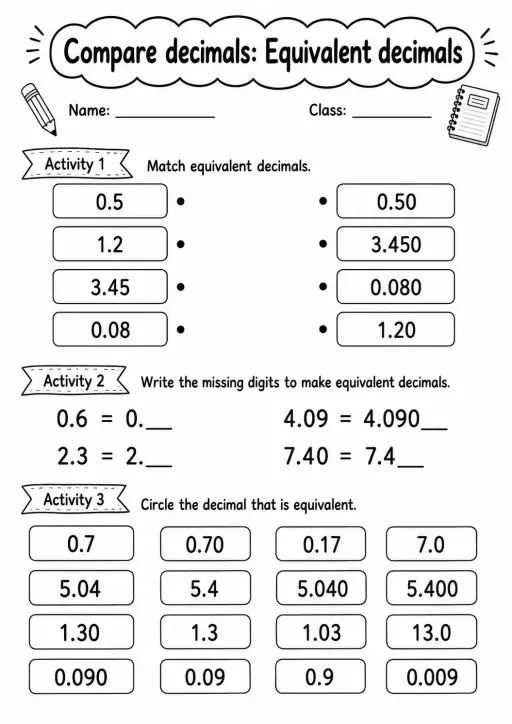 Grade 5 Compare Decimals Math Worksheet Pack