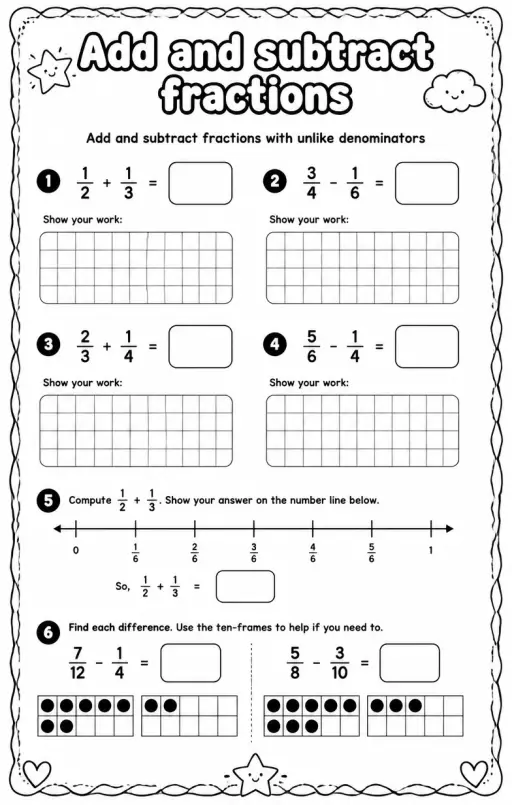Add and subtract fractions with unlike denominators