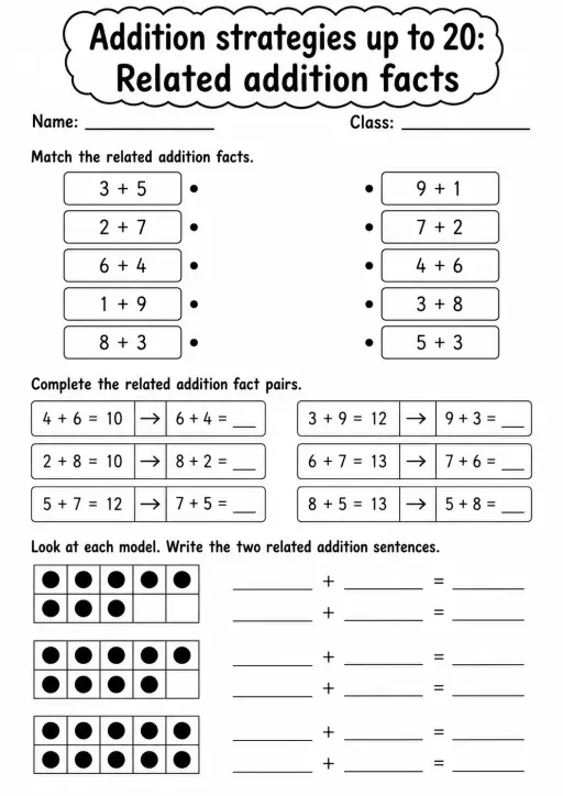 Grade 1 Addition Strategies up to 20 Math Worksheet Pack