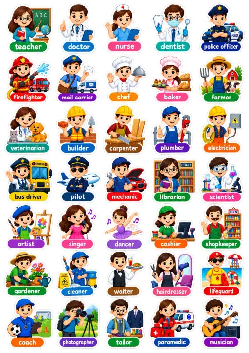 Community Helpers Jobs English Vocabulary Stickers