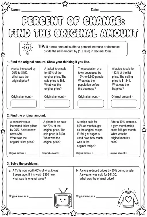 Percent of change: find the original amount word problems