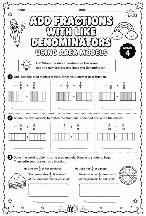 Add fractions with like denominators using area models