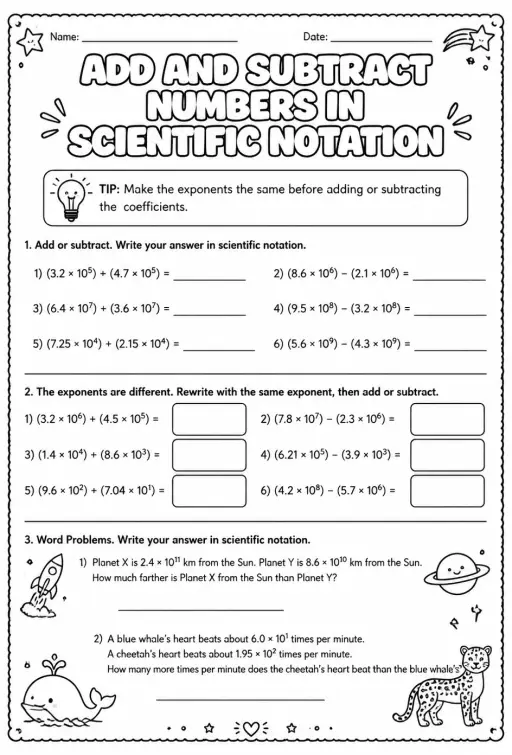 Add and subtract numbers written in scientific notation