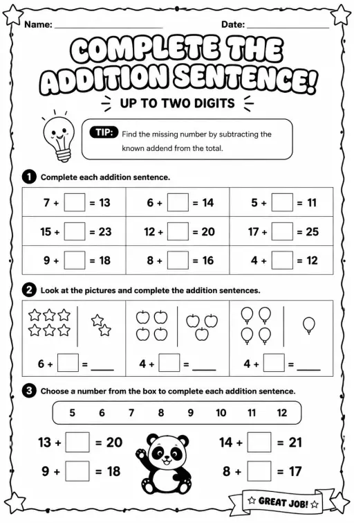 Complete the addition sentence - up to two digits