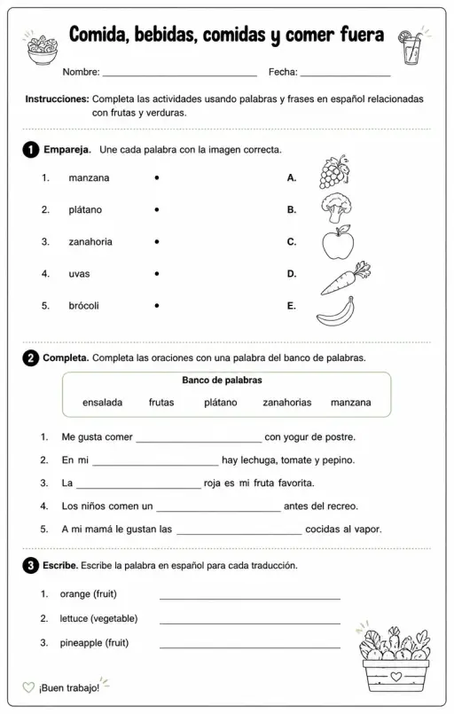Producir palabras, frases o oraciones en español relacionadas con frutas y verduras.