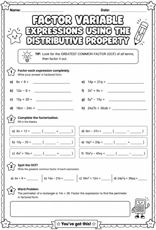 Factor variable expressions using the distributive property