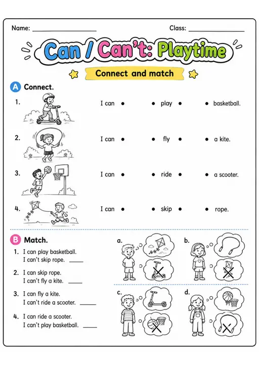 Can and Can't Playtime Pack - 2 Worksheets | Grade 1