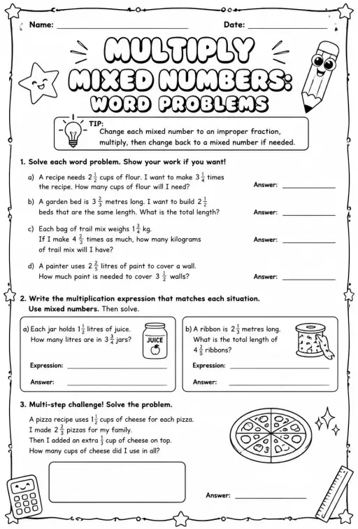 Multiply mixed numbers: word problems