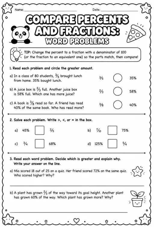 Compare percents and fractions: word problems