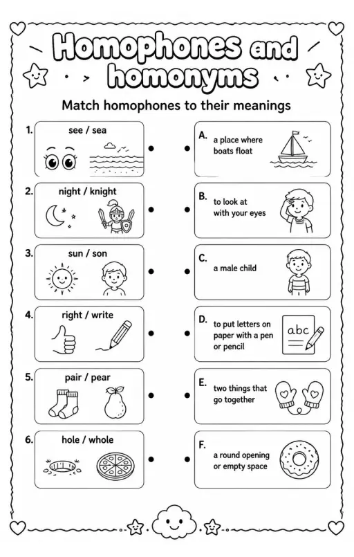 Match homophones to their meanings