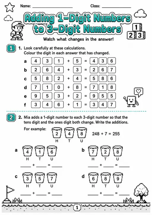 Adding 1-Digit Numbers to 3-Digit Numbers - Grade 3 Math Worksheet - grade 3 Reading, explanation, and short-response questions