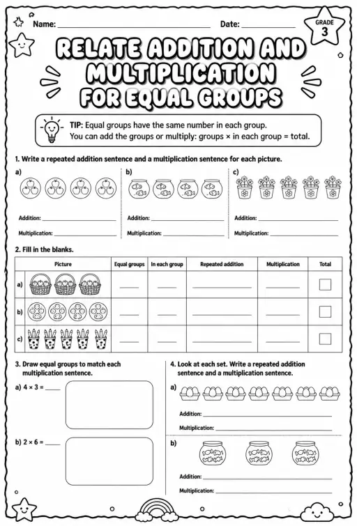 Relate addition and multiplication for equal groups