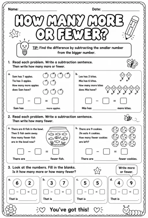 Subtraction sentences for comparison word problems up to 10: how many more or fewer?