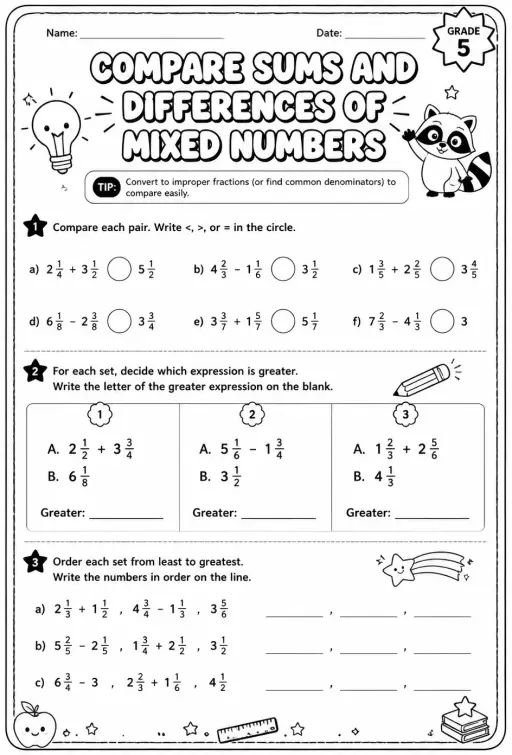 Compare sums and differences of mixed numbers