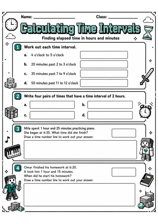 Calculating Time Intervals - Grade 3 Math Worksheet - grade 3 Diagrams, models, and drawing tasks