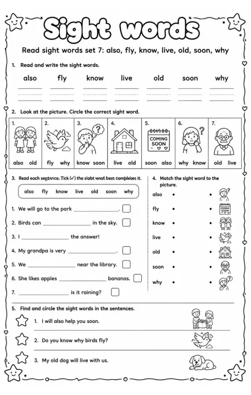 Read sight words set 7: also, fly, know, live, old, soon, why