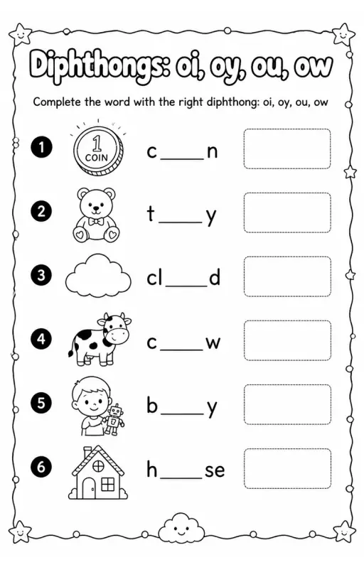 Complete the word with the right diphthong: oi, oy, ou, ow