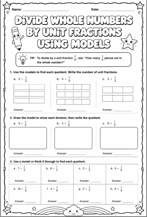 Divide whole numbers by unit fractions using models