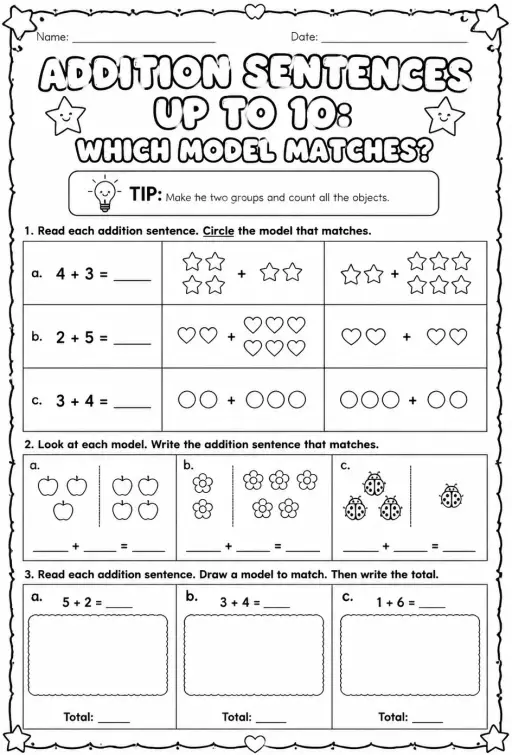 Addition sentences up to 10: which model matches?