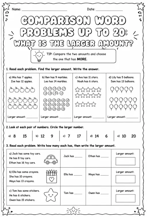 Comparison word problems up to 20: what is the larger amount?